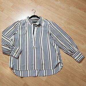 Banana Republic Popover Collared Striped Long Sleeve Blouse Khaki Black XL